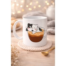 Bezos Sevimli Kedi Tasarımlı Porselen Kupa Model 195 – Kahve Içinde Kedi Baskılı Porselen Kahve Kupası – Kedi Severler Için Hediyelik Porselen Kupa Bardak 330 ml