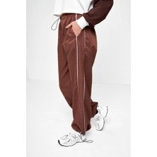 Harmony Factory Unisex Kahverengi Beli Lastikli Wide Leg Şeritli Parachute Eşofman Altı