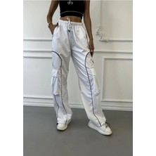 Harmony Factory Kadın Beyaz Siyah Biyeli Beli Lastikli Wide Leg Parachute Kargo Eşofman Altı