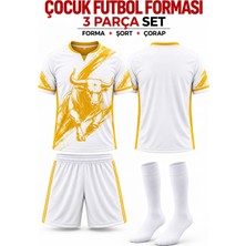 Yensa Çocuk Futbol Forması Beyaz Gold Boğa Görsel Dijital Baskı 4 Parça Forma+Şort+Çorap+Bileklik
