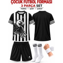 Yensa Çocuk Futbol Forması Siyah Şort Kartal Siyah Beyaz Dijital Baskı 4 Parça Forma+Şort+Çorap+Bileklik