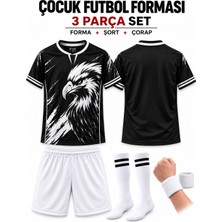 Yensa Çocuk Futbol Forması Beyaz Şort Kartal Siyah Beyaz Dijital Baskı 4 Parça Forma+Şort+Çorap+Bileklik