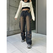 Harmony Factory Büyük Beden Yıldız Yamalı Vintage Yıkamalı Wide Leg Kot Pantolon