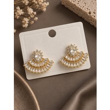 Serelya Pirinç Gold Renk Zirkon Taşlı Yelpaze Model Kadın Küpe