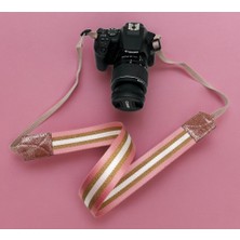 Anatolia Craft Dslr ve Slr Fotoğraf Makineleri Için Pembe-Gold-Beyaz Çizgili  Boyun ve Omuz Askısı,kayışı