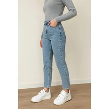 Woddi Kadın Likralı Mom Mavi Kar Yıkama Jean Kot Pantolon-3