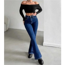 Woddi Sena Lacivert Ispanyol Yüksek Bel Toparlayıcı Ispanyol Paça Solmaz Jeans Pantolon