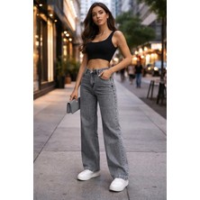 Woddi Kadın Nisa Füme Salaş Likralı Rahat Kesim Palazzo Kot Pantolon Jean New-4