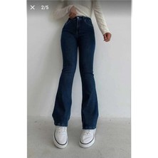 Woddi Kadın Yüksek Bel Lacivert Flare Jean Pantolon Ispanyol Kot New Sezon-3