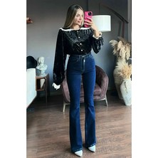 Woddi Tanye Lacivert Ispanyol Yüksek Bel Toparlayıcı Ispanyol Paça Solmaz Jeans Pantolon