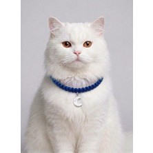 ALMITAL Lacivert El Örgüsü Makrome Kedi Tasması 27 cm - Ay Figürlü Charm Şık Kedi Boyun Tasması