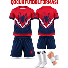 Yensa Çocuk Futbol Forması Kırmızı Lacivert Örümcek Adam Dijital Baskı 4 Parça Forma+Şort+Çorap+Bileklik