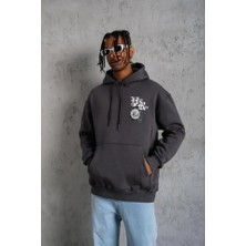 Erkek Baskılı Kapşonlu Sweat - Füme