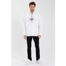 Erkek Baskılı Üç Iplik Kapüşonlu Oversize Sweatshirt - Beyaz