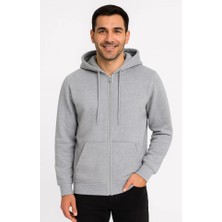 Erkek Üç Iplik Kapüşonlu Tam Fermuarlı Kanguru Çepli Sweatshirt Hoodie - Gri