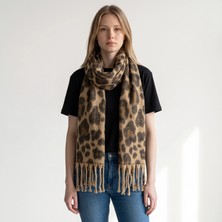 Gullfoss Kadın Leopar Desenli Saçaklı Yumuşak Dokulu Atkı 45X190 cm