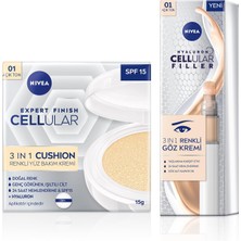 Üstüner SPF15 Cellular Expert Finish Cushion Renkli Yüz Bakım Kremi 15ML ve Göz Bakım Kremi 15ML, Açık Ton