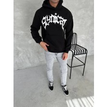 Unisex Üç Iplik Kapşonlu Baskılı Sweatshirt - Siyah