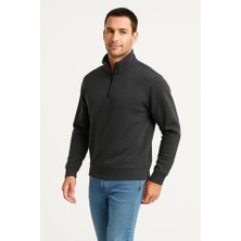 Erkek Dik Yaka Sweatshirt Dik Yaka Yarım Fermuarlı 3 Iplik Şardonlu Pamuk Kumaş - Antrasit