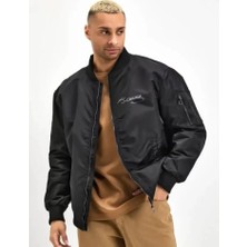 Unisex Uzun Kol Baskılı Bomber Ceket - Siyah