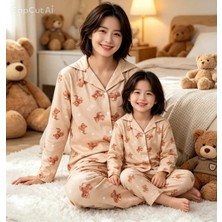 NiCe İç Giyim Anne Kız Uyumlu Pijama Takımı Ayıcık Desenli Uzun Kollu Rahat Yumuşak Eğlenceli Ev Giyim Seti (Ayrı Satılır)