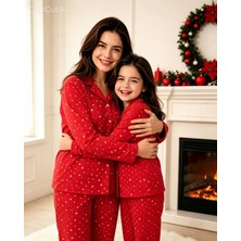 NiCe İç Giyim Anne Kız Pijama Takımı Kırmızı Yıldız Desenli Yumuşak Kumaş Rahat Ev Giyim Seti (Ayrı Satın Alınır)