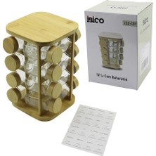 Semel 16PCS Kare - Döner Standlı Cam - Bambu Kapak Tuzluk - Baharatlık Bambu Stand BX40