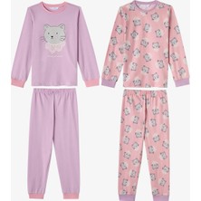 Penti Kız Çocuk Pembe Dainty Kitty Pamuklu Uzun Kollu 2'li Pijama Takımı