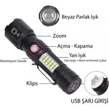 Semel WS-2828 Ultra USB Şarjlı Polis El Feneri, Bekçi, Asker El Feneri Kırmızı Mavi Çakarlı 1000 Lümen