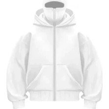 Hazego Samuray Ninja Çift Kapşonlu Zıp Fermuarlı Kanguru Çepli Tam Fermuarlı Hoodie Swetshirt - Beyaz