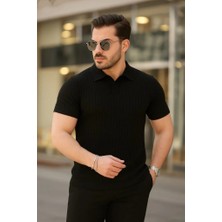 Erkek Kısa Kollu Yakalı Çizgi Desenli Triko Bluz