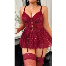 Mylora Trend BÜYÜK BEDEN KIRMIZI BALENSİZ PUANTİYELİ JARTİYERLİ SEKSİ FANTEZİ GECELİK TAKIM