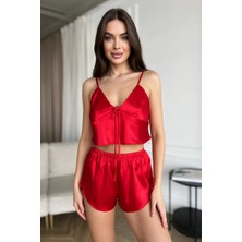 Luna Lora Özel Tasarım Kadın Kırmızı Saten Pijama Takımı Ince Askılı Şortlu