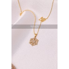 Zirkon Taşlı Gold Renk Işıltılı Kar Tanesi 925 Ayar Gümüş Kolye