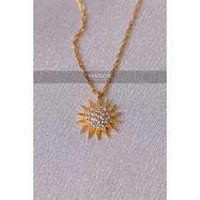 Zirkon Taşlı Gold Renk Işıltılı Güneş Model 925 Ayar Gümüş Kolye