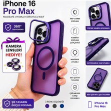 iPhone 16 Pro Max Uyumlu Magsafe Kılıf 360° Darbe Korumalı Mat Şeffaf Mor + Kamera Lens Koruyucu