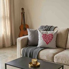 Reyn Handmade El Yapımı Punch Nakışı Kalp Motifli Gri - Pembe Kırlent Kılıfı