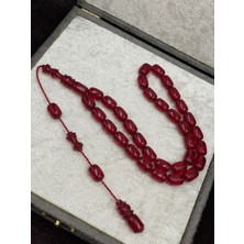 Onurlu Tesbihane Sistemli Koyu Kırmızı Ateş Kehribar Tesbih (8X12 Mm)