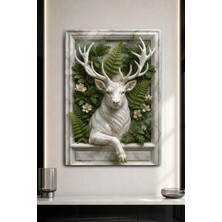 Dekorhane Beyaz Geyik Boynuzlu Doğa Temalı 3D Kabartma Dekoratif Metal Duvar Tablosu