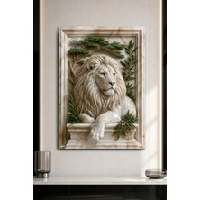Dekorhane Beyaz Aslan Kral 3D Kabartmalı Lüks Mermer Desenli Dekoratif Metal Tablo