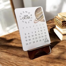 Kazan Hobi 2026 Takvim, Astroloji Burç ve Gezegenleri Standlı Masaüstü Takvim- Ahşap Telefon Tutucu