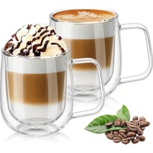 Kazan Hobi Cam Kupa; Çift Duvar, Isı Yalıtımlı Bardak Bardak, Saplı 250 Ml, Çay Su Bardakları, Kahve, Süt, Cappuccino, Espresso, Şeffaf Bira, 2'li Set