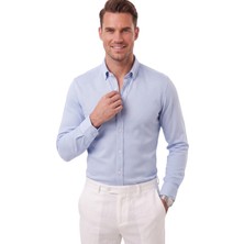 RizzUP Erkek %97 Pamuk Slim Fit Dar Kesim Petek Dokulu Likralı Örme Mavi Gömlek 2600707