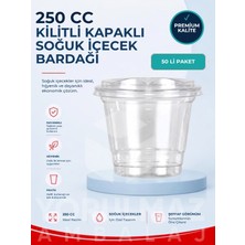 Yorulmaz Ambalaj 🥤 250 cc Kilitli Kapaklı Plastik Bardak 50 Adet | Şeffaf Soğuk Içecek Bardağı | Sızdırmaz Kullan At Bardak