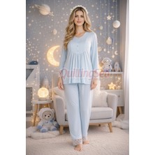 Quilling Bebe Mavi Renkli, Dantel Detaylı, 33204 Uzun Kol, 2 Parça Lohusa Hamile Pijama Takımı