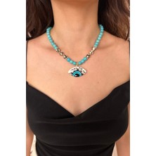 Suerte Accessories El Yapımı Seramik Nazar Uçlu Turkuaz ve Akik Doğal Taş Özel Tasarım Kadın Kolye