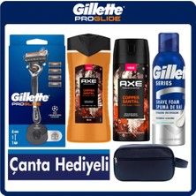 Gillette Proglide Erkek Bakım Seti 1 Makine + 4 Yedek Başlık + Stand + Axe Copper Santal Duş Jeli Deodorant + Gillette 200 ml Tıraş Köpüğü + Çanta