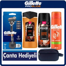 Gillette Proglide Erkek Bakım Seti 1 Makine + 4 Yedek Başlık + Stand + Axe Copper Santal Duş Jeli Deodorant + Gillette Fusion 200 ml Jel + Çanta