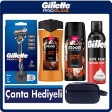 Illette Proglide Erkek Bakım Seti 1 Makine + 4 Yedek Başlık + Stand + Axe Copper Santal Duş Jeli Deodorant + Gillette 200 ml  Köpük + Çanta