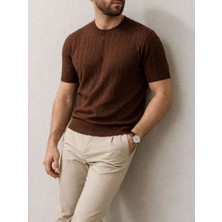 Velmora Fashion Erkek Yazlık Triko Dokuma Tişört Kısa Kol Bisiklet Yaka Örgü Desenli T-Shirt - Kahverengi